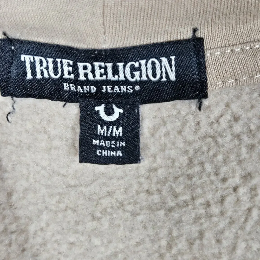 True Religion Brand Jeans Zip Hoodie Mens‎ Medium Beige Graphic Logo Sweatshirt